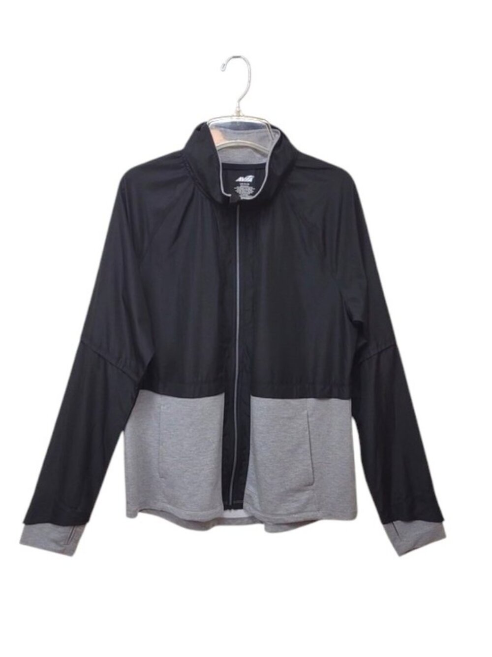 Avia Womens Black/Gray Mixed Fabric Full-Zip Lightweight With Hood Windbreaker